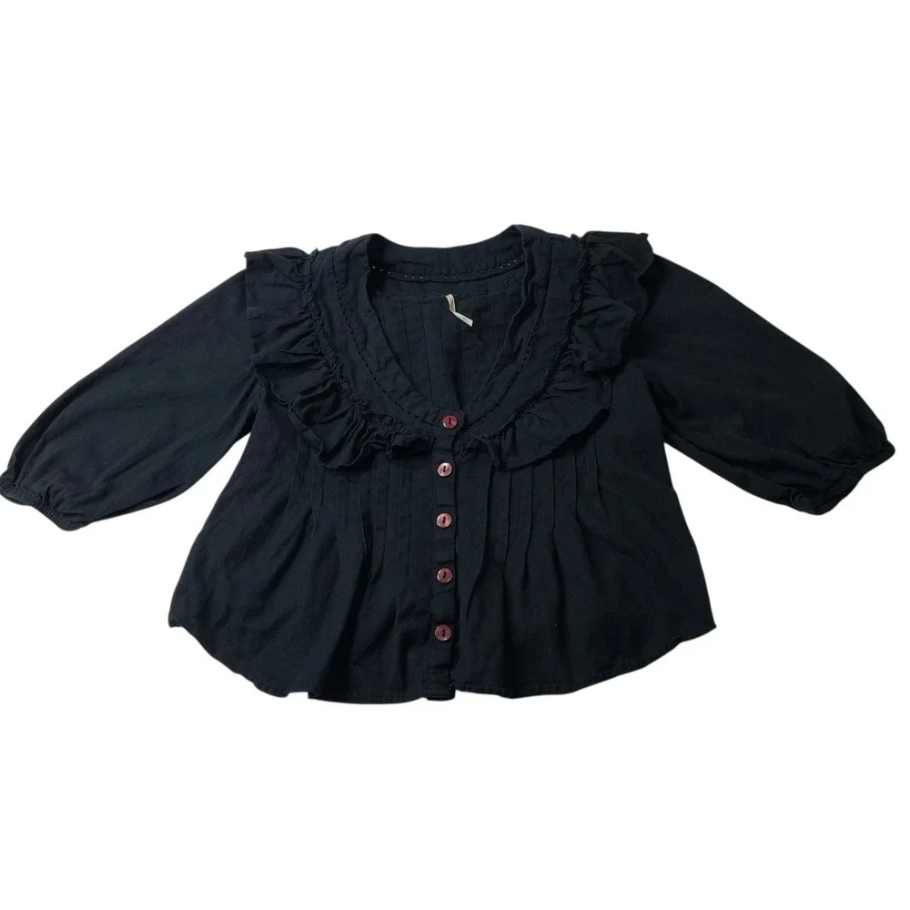 Free People Black Ruffle Pintuck Blouse Peasant Boho Top Size Small